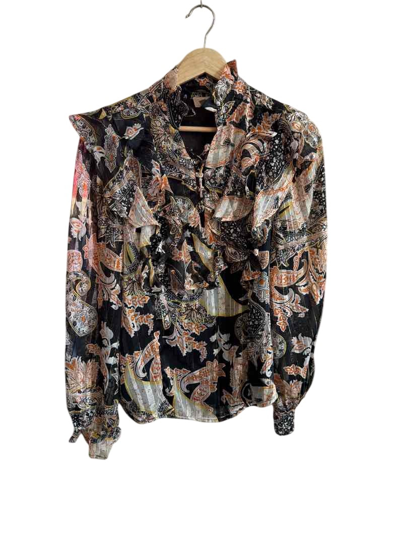 Elan Ruffled Paisley Blouse Long Sleeves